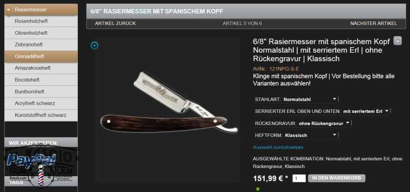 RALF AUST ArtNr. 121NPG-S-E GRENADILLHEFT - 6.8'' Spanischem Kopf - Normalstahl - Mit Serriertem Erl - Klassisch Hetform
